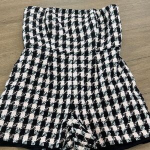 Black and White Houndstooth Strapless Romper